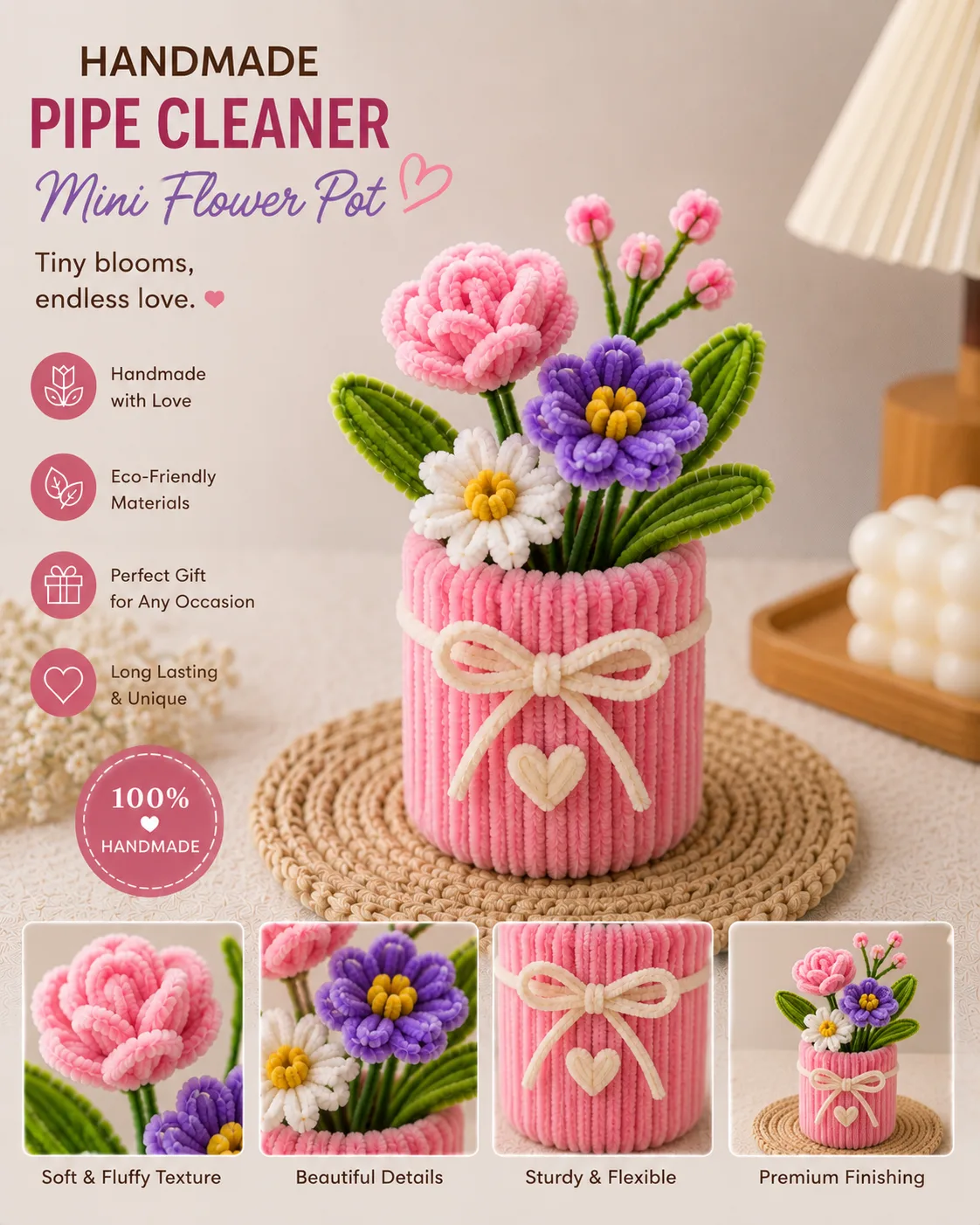 **Handmade Pipe Cleaner Mini Flower Pot – Pastel Floral Table Décor & Gift** 🌸💜