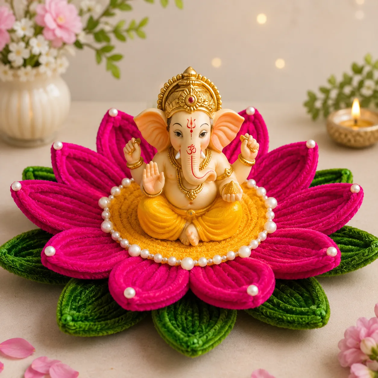 Handmade Pipe Cleaner Lotus Aasan | Decorative Pooja Aasan for Ganesh Idol | Home & Mandir Decor 8"in