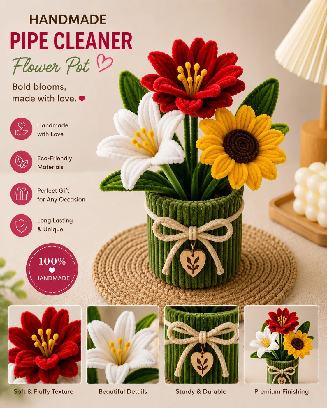 **Handmade Pipe Cleaner Sunflower & Lily Flower Pot – Everlasting Floral Décor** 🌻🌸