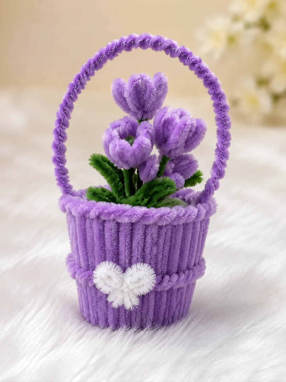 Handmade Pipe Cleaner Flower Basket | Forever Bloom Floral Basket Decor | Cute Home Office Gift