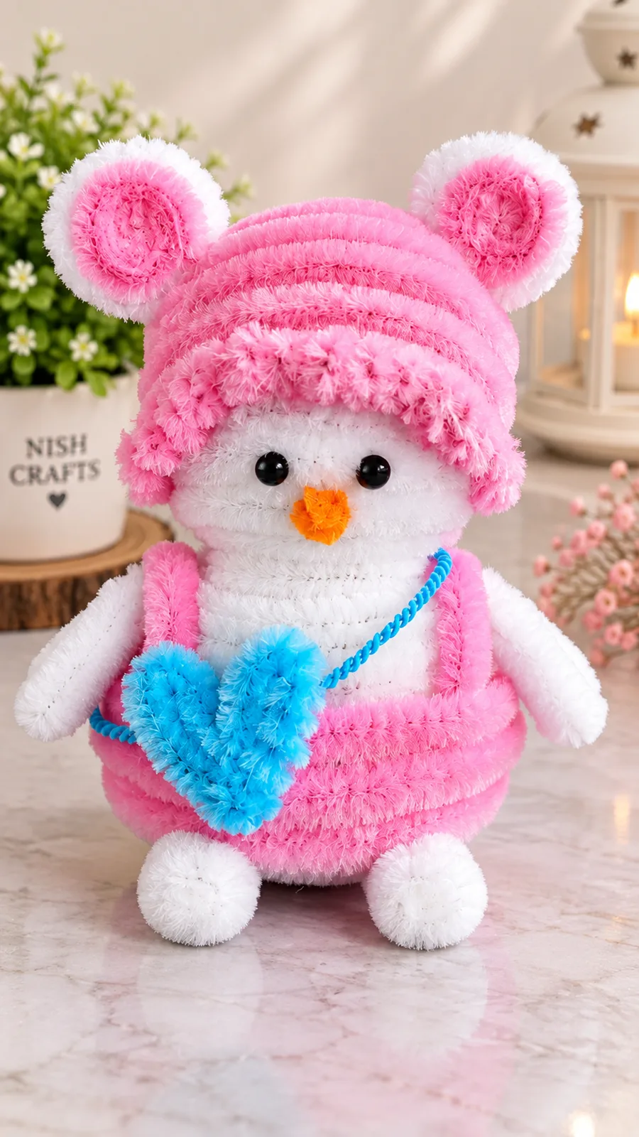 Handmade Pink & White Chenille Snowman Plush with Blue Heart Bag | Nish Crafts
