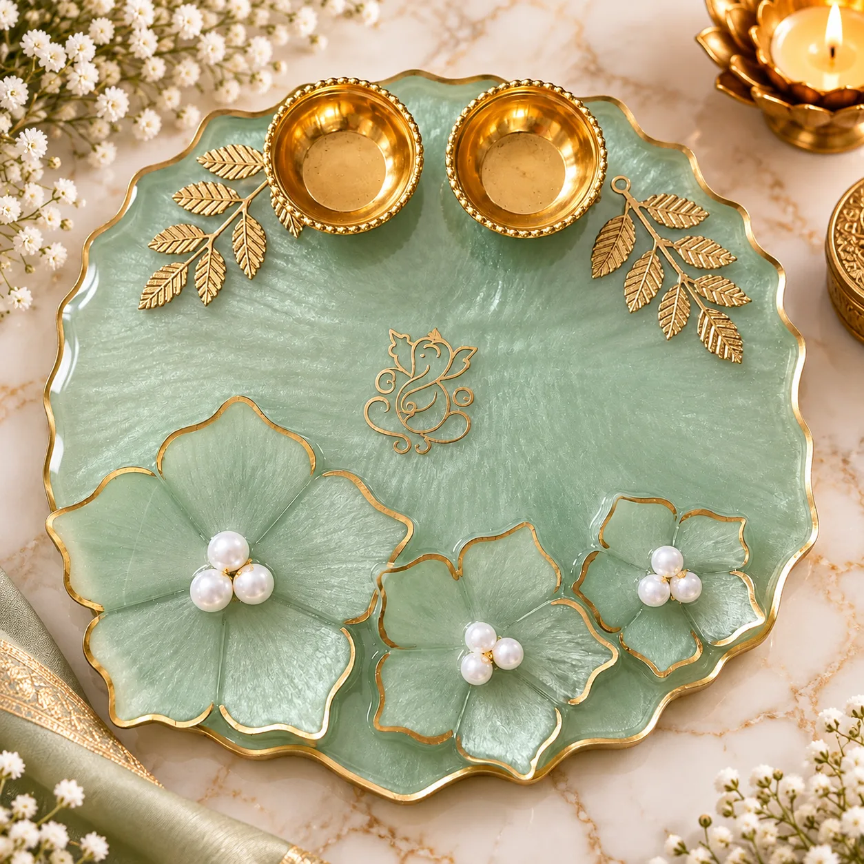 Nish Crafts Handmade Mint Green Resin Pooja Thali with Ganesha