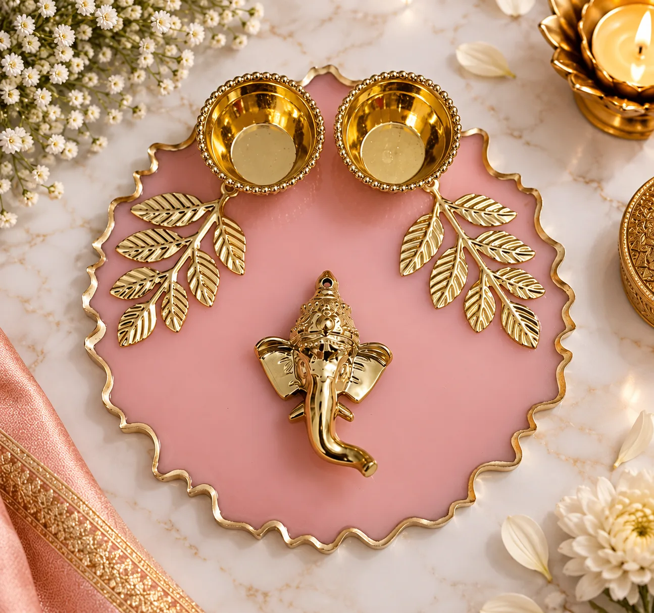 Nish Crafts Handmade Pink Resin Pooja Thali with Ganesha