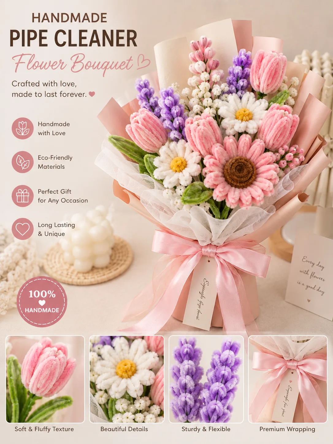 **Handmade Pipe Cleaner Mixed Flower Bouquet – Everlasting Floral Gift** 🌷💐
