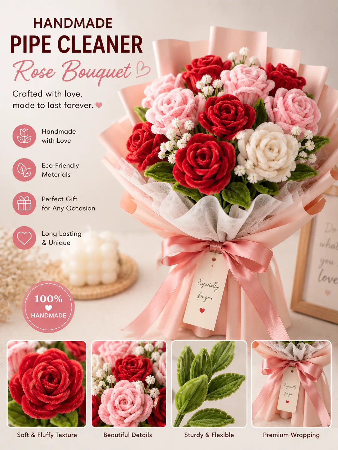 **Handmade Pipe Cleaner Rose Bouquet – Everlasting Red & Pink Roses Gift** 🌹💐